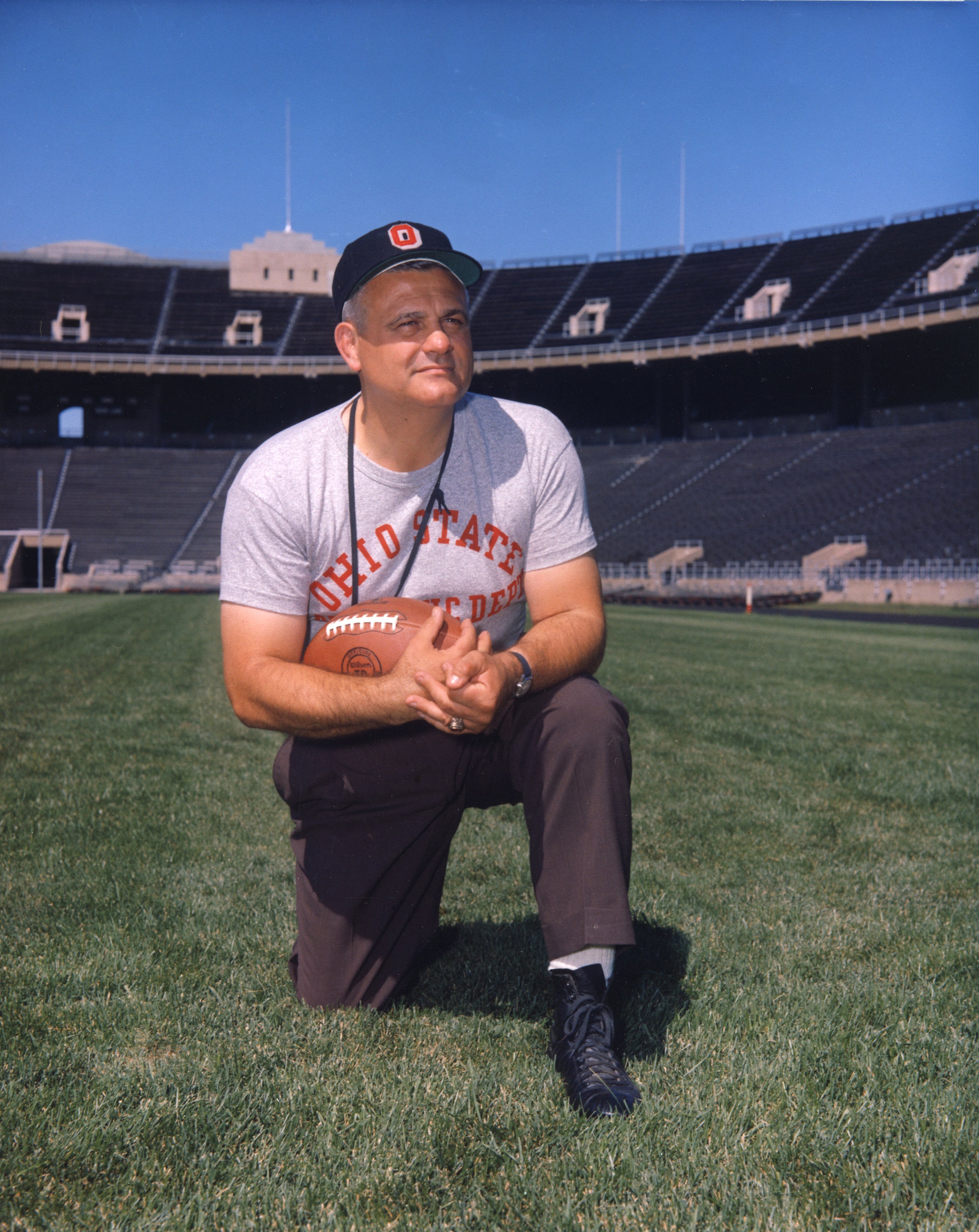 1963 Hayes Woody on one knee 1 1.jpg Ohio State Coach's Tee