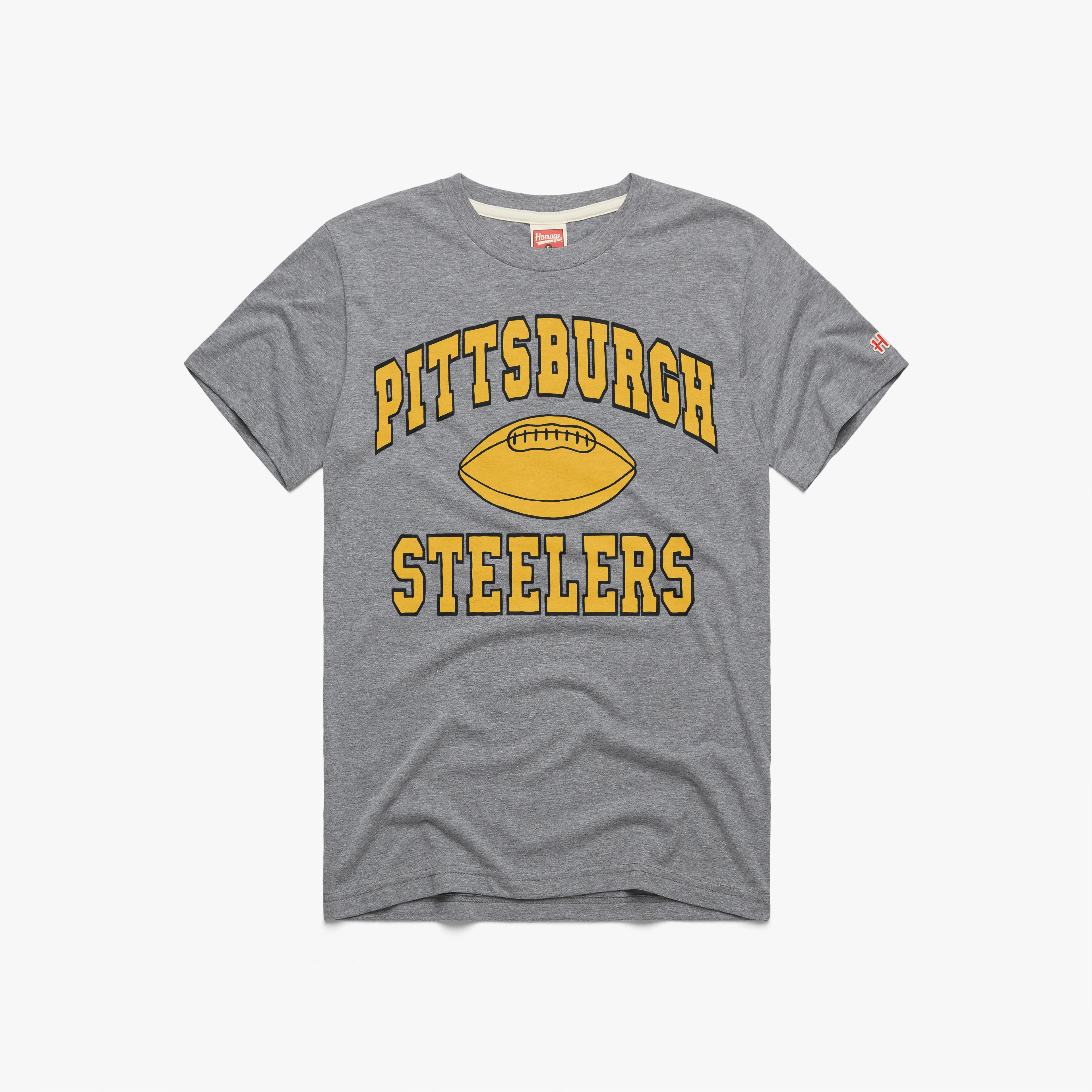 Pittsburgh Steelers Gridiron 01012579301 Grey Flat 1.jpg Gray t-shirt with 'Pittsburgh Steelers' text and football graphic on a white background
