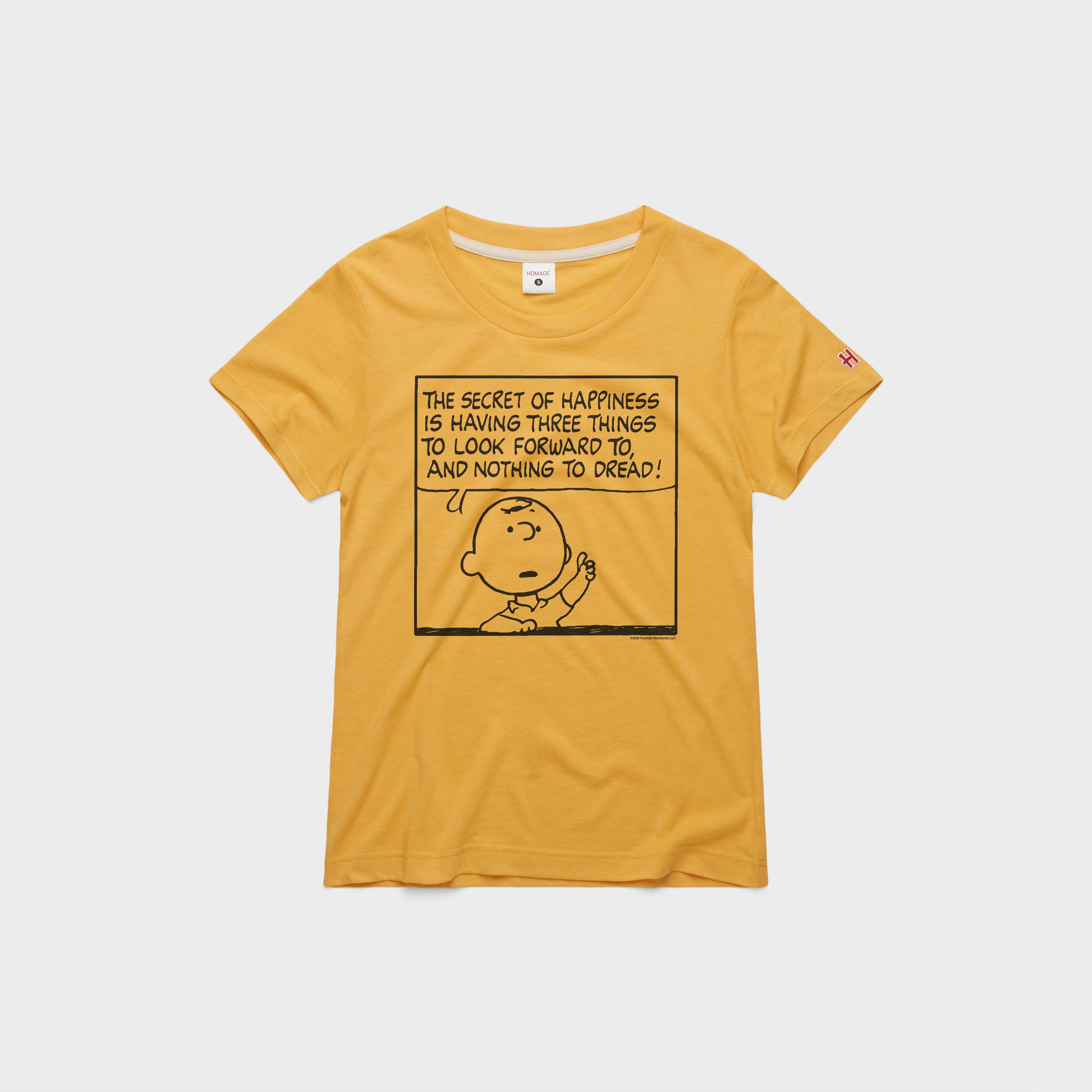 Women s Peanuts Charlie Brown Secret Of Happiness 02012775712 Gold Flat.jpg Women's Peanuts Charlie Brown Secret Of Happiness::Gold