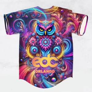 Edc Orlando trippy owl rave baseball jersey for EDM festivals - Image 1